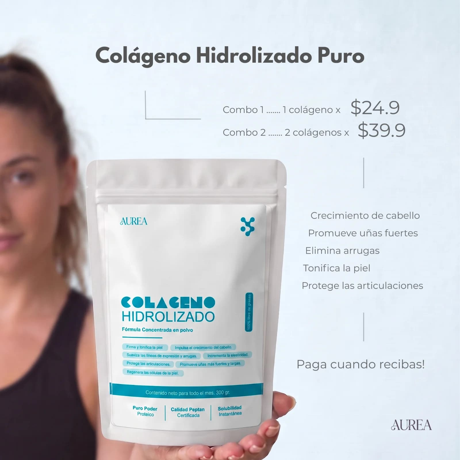 Colágeno Hidrolizado Puro Aurea — Péptidos Peptan® (300g) miniatura 3